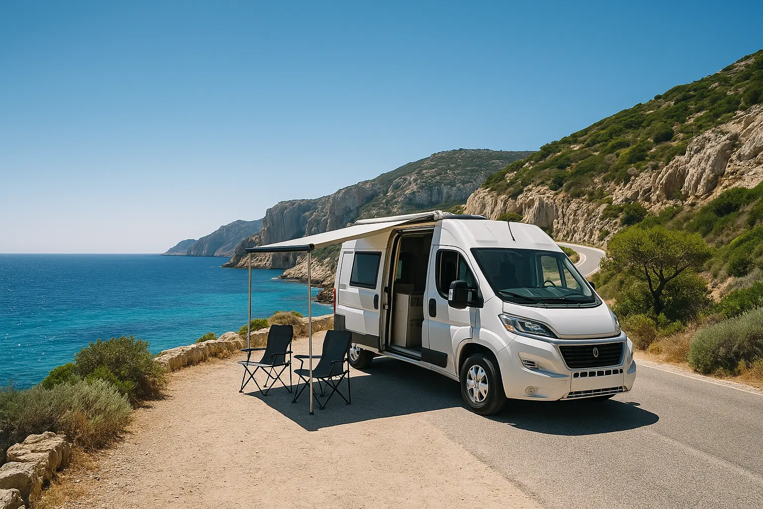 Camping-car sur une route côtière turquoise en Sardaigne
