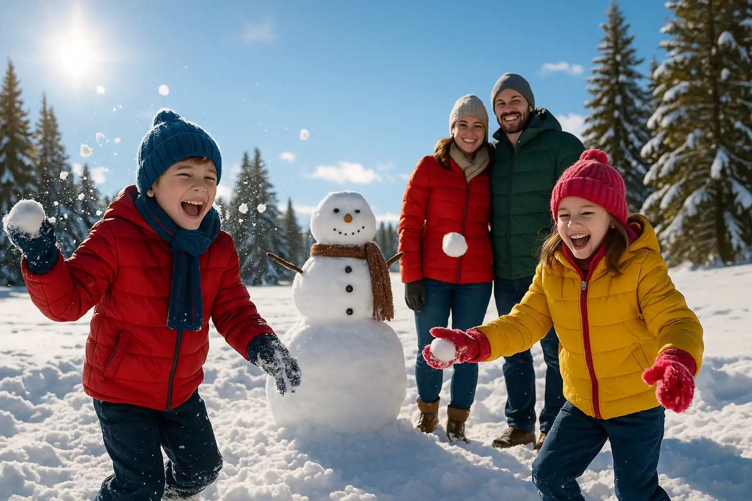 Famille heureuse enneigée avec bonhomme de neige