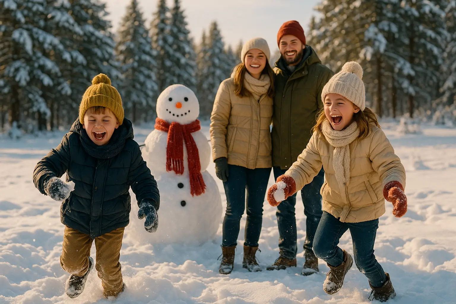 Famille construisant un bonhomme de neige en Laponie