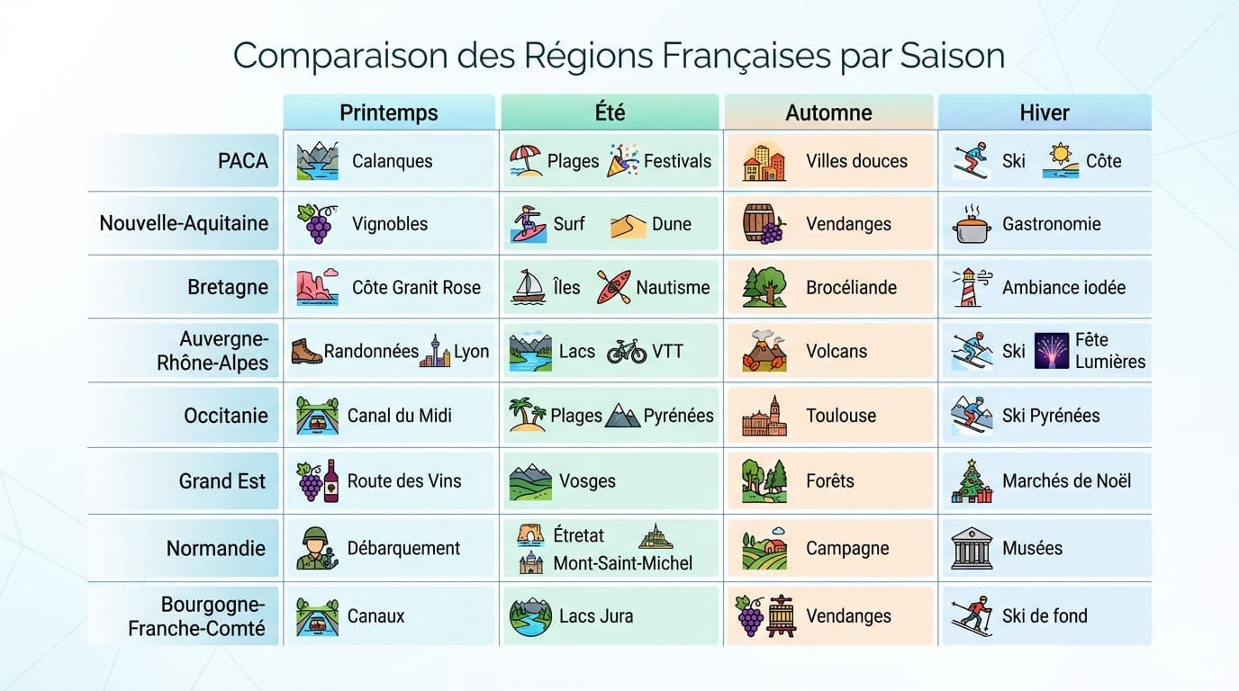 Tableau comparatif des activités touristiques en France classées par région et par saison