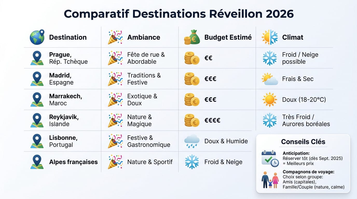 Tableau comparatif des meilleures destinations pour le nouvel an 2026 selon le budget et le climat