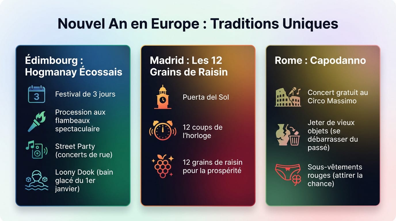 Foule célébrant le Nouvel An en Europe avec des traditions locales et feux d'artifice