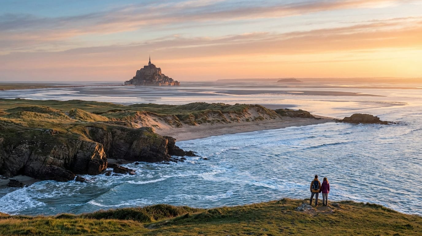 Vue du Mont Saint-Michel au loin, avec un couple sur la côte rocheuse admirant la mer, les dunes et le soleil couchant.