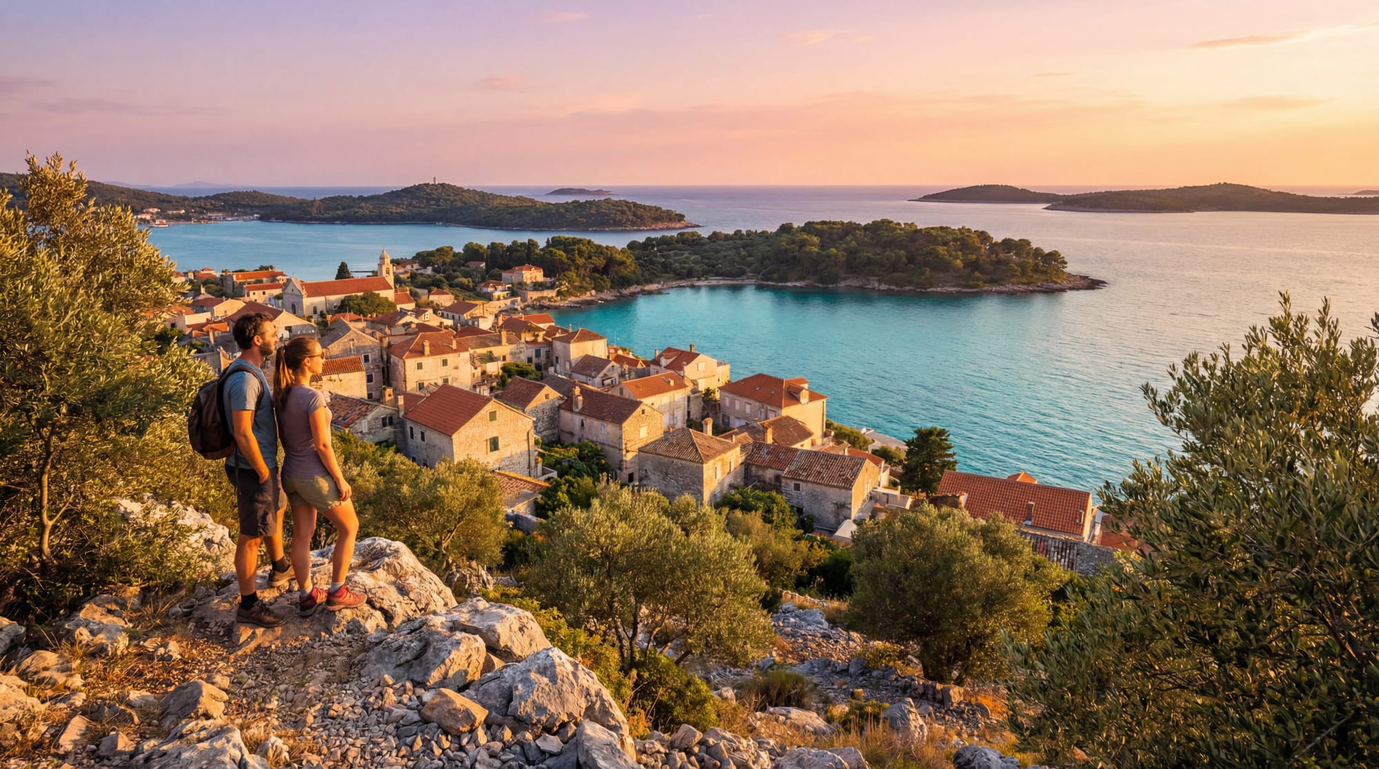 Un couple admire un village côtier croate aux toits rouges et une baie turquoise au coucher du soleil, entouré d'îles.