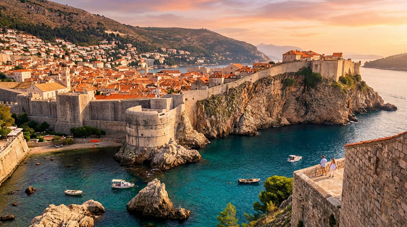 Panorama de la ville fortifiée de Dubrovnik au coucher du soleil. Toits rouges, remparts massifs, mer turquoise et falaises.