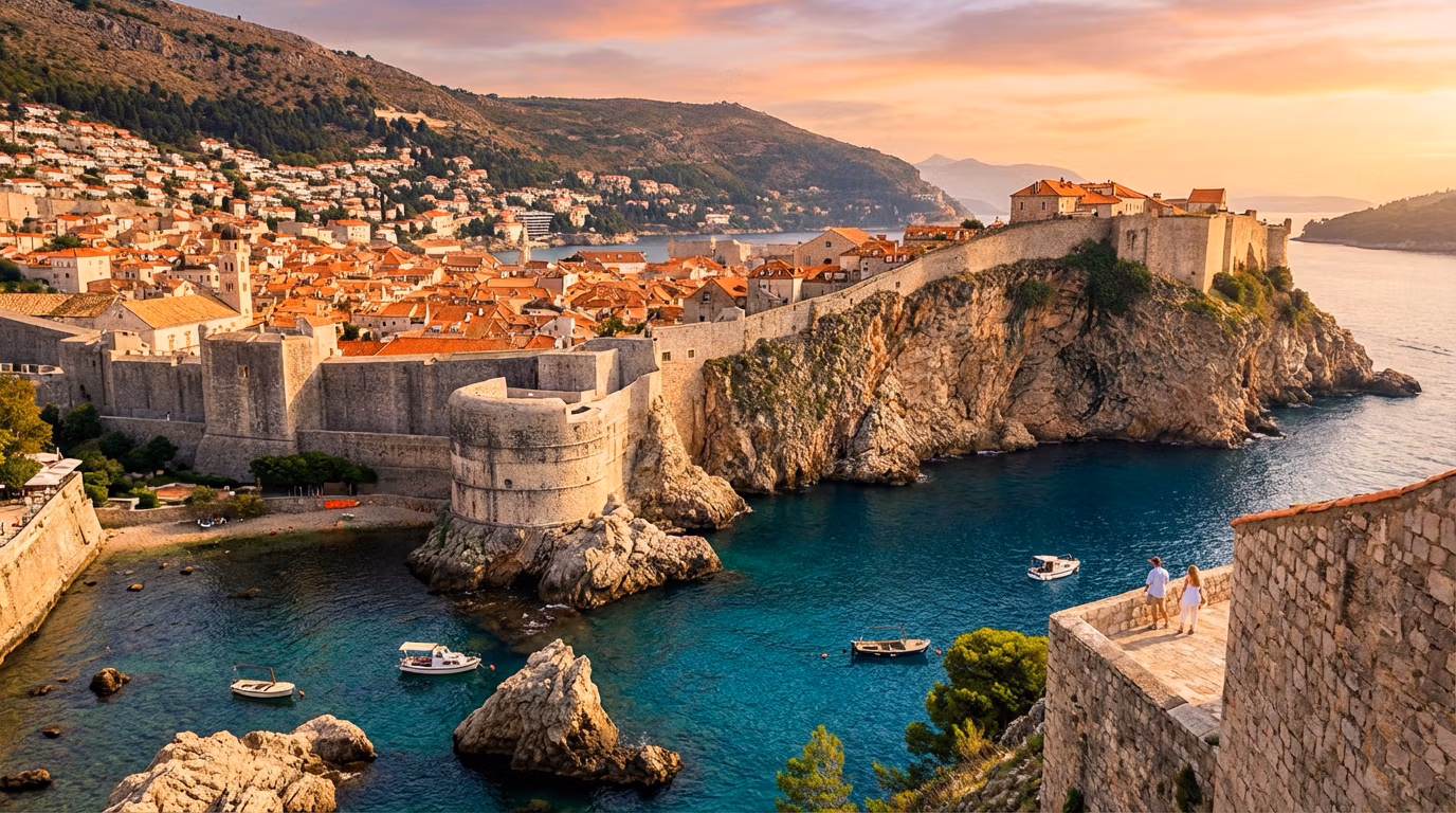Majestueuse Dubrovnik: Murailles et Adriatique au crépuscule Panorama de la ville fortifiée de Dubrovnik au coucher du soleil. Toits rouges, remparts massifs, mer turquoise et falaises.