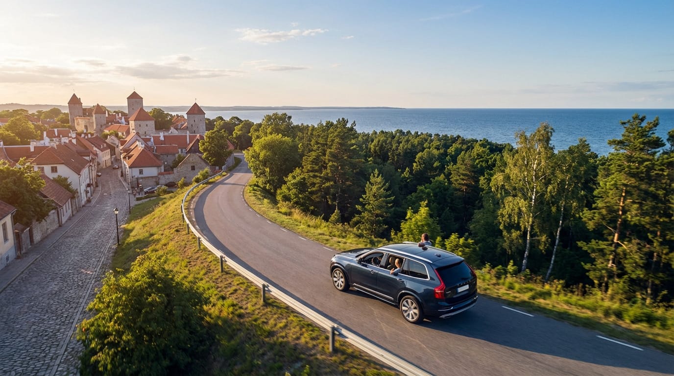 Voiture sur une route côtière sinueuse près d'une ville historique aux toits rouges, forêt luxuriante et mer bleue sous ciel clair.