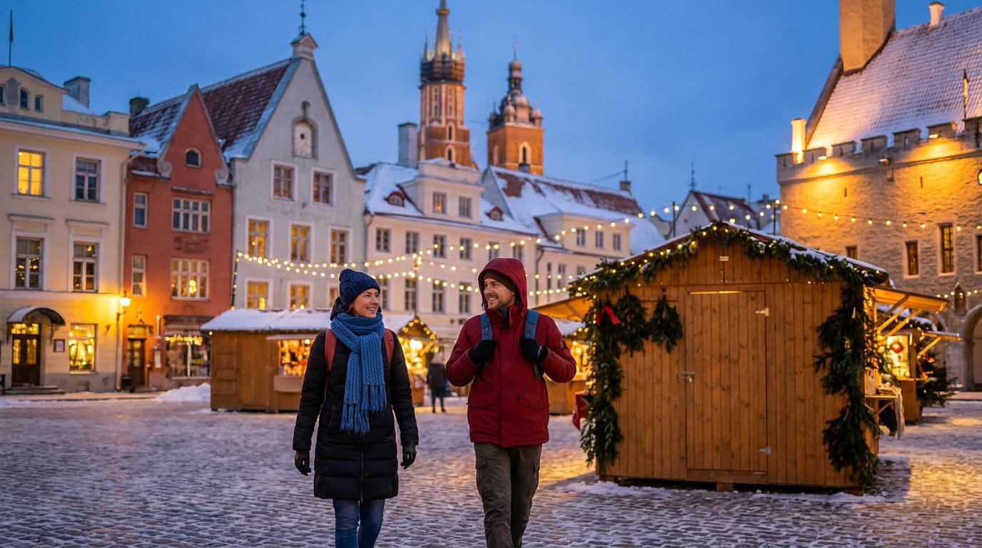 Un couple souriant marche dans un marché de Noël enneigé à Tallinn, entouré de chalets illuminés et de bâtiments historiques au crépuscule.