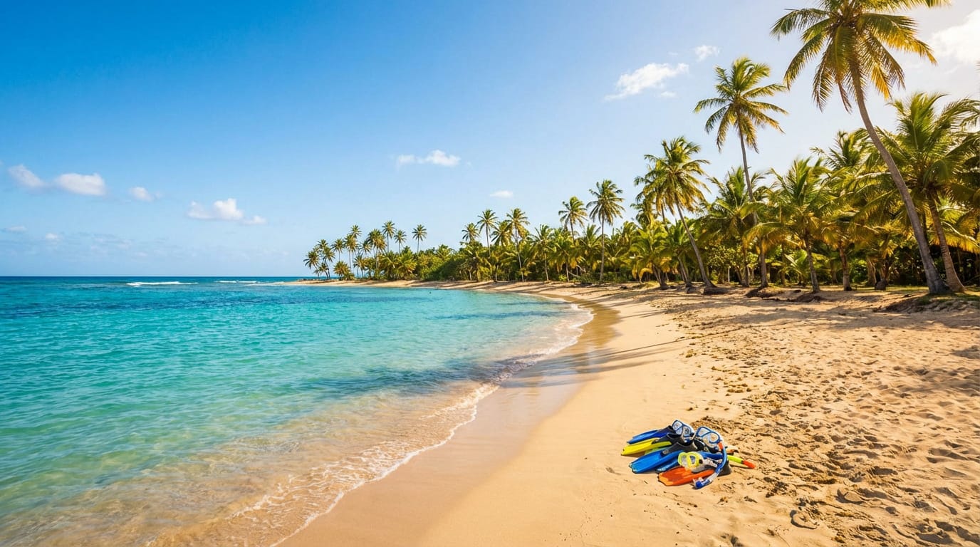 Vue panoramique d'une plage de sable fin en Guadeloupe avec palmiers, mer turquoise et équipements de snorkeling.