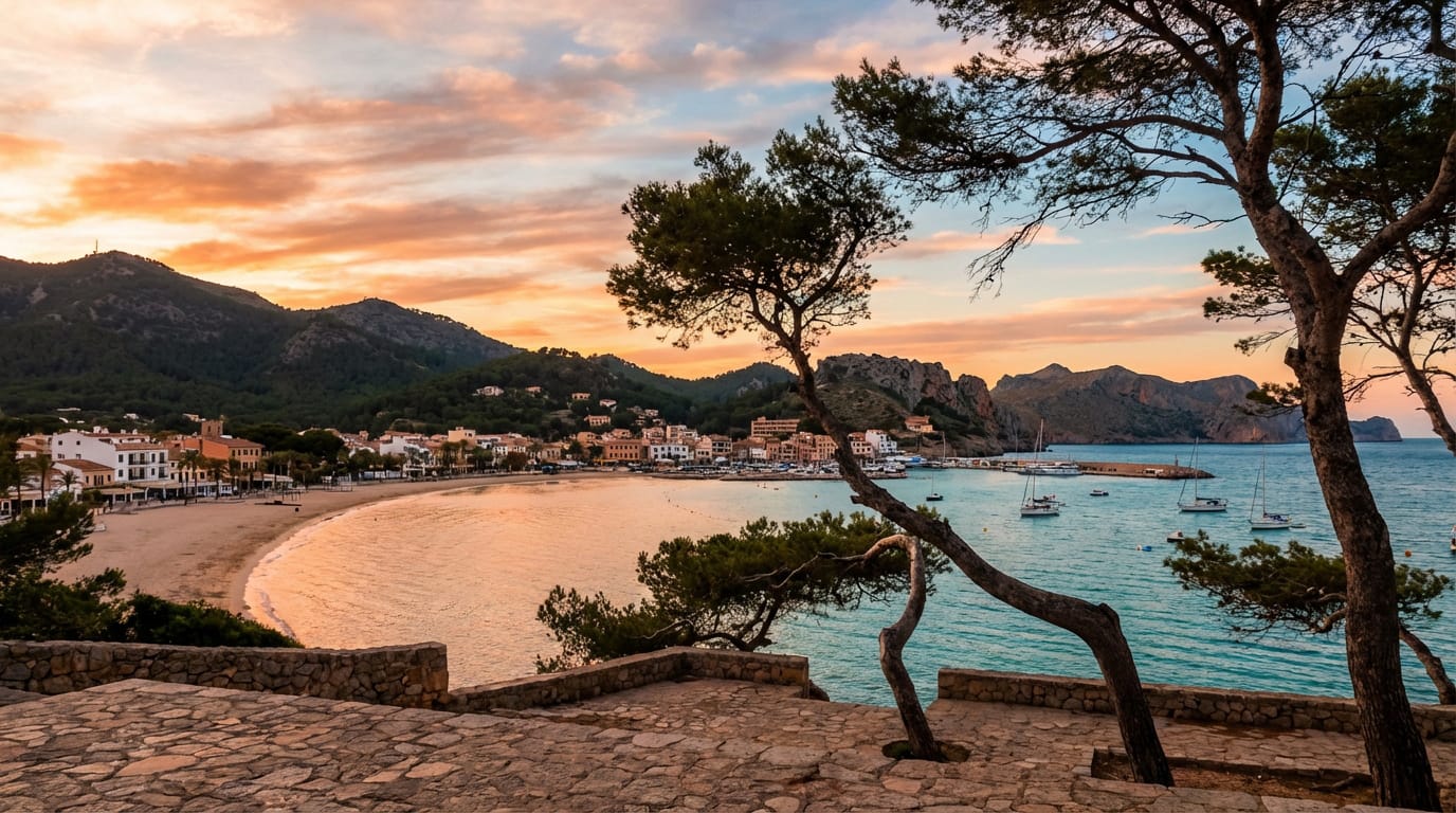 Vue panoramique du Port de Pollença (Majorque) au coucher du soleil. Baie avec plage, ville côtière, montagnes et voiliers.
