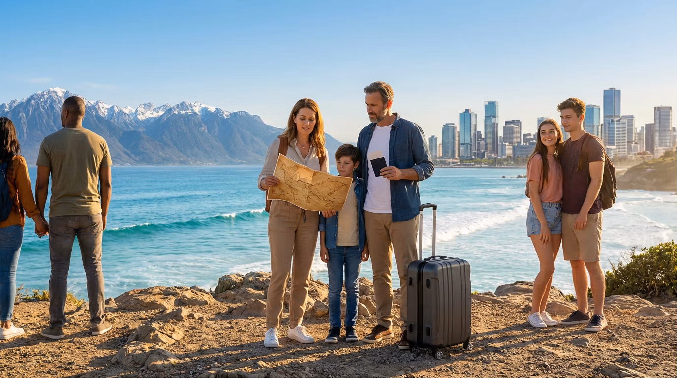 Voyageurs diversifiés explorant le monde Groupes de voyageurs divers (couples, famille) avec carte, passeport et valise, devant mer, montagnes enneigées et gratte-ciel.