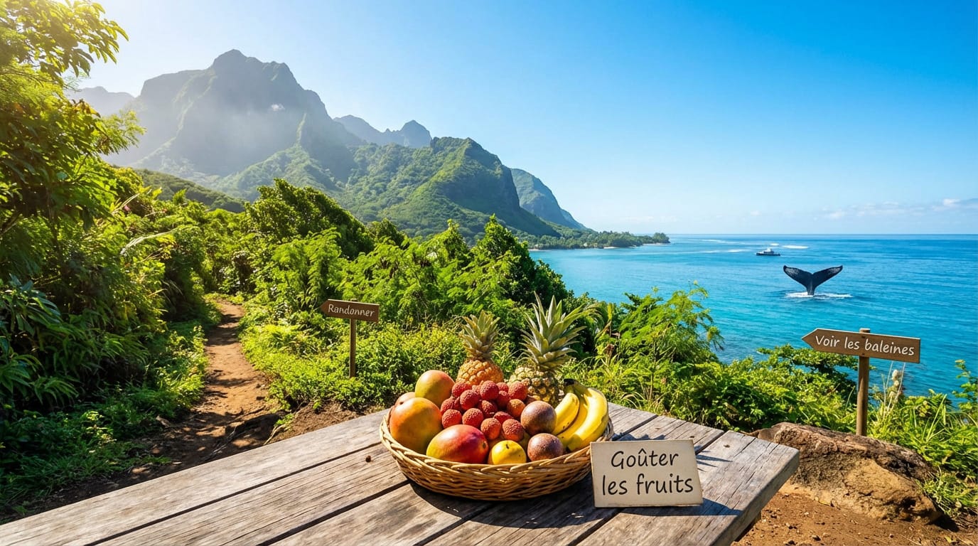 Paysage idyllique à La Réunion : rando, baleines et fruits Un panier de fruits tropicaux sur une table en bois, surplombant l'océan avec une queue de baleine, des montagnes vertes et un sentier.