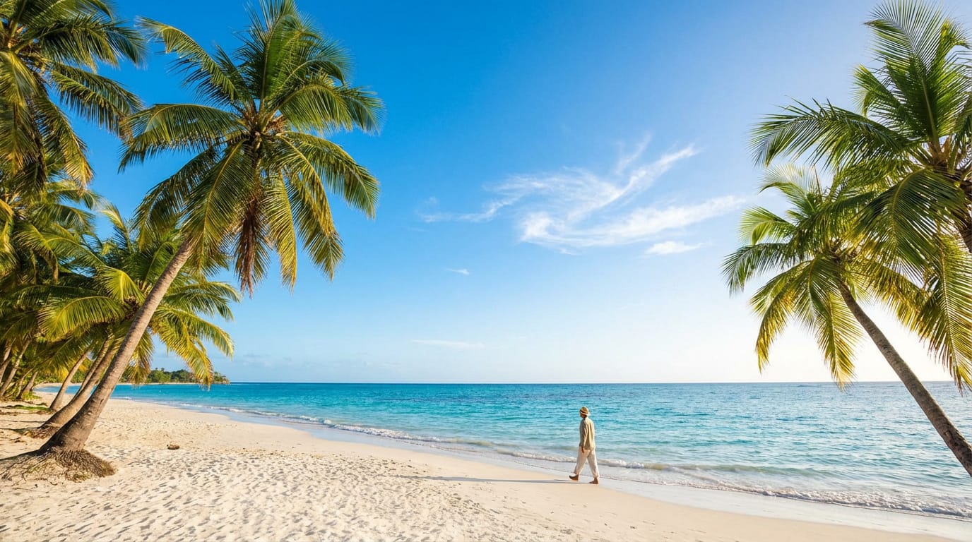 Homme seul marche sur une plage de sable blanc bordée de cocotiers, l'océan turquoise s'étendant à l'horizon.