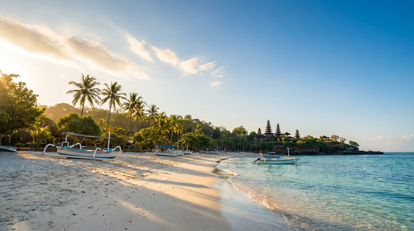 Plage de sable blanc à Bali au lever du soleil avec des bateaux traditionnels, palmiers et temples Meru en arrière-plan.