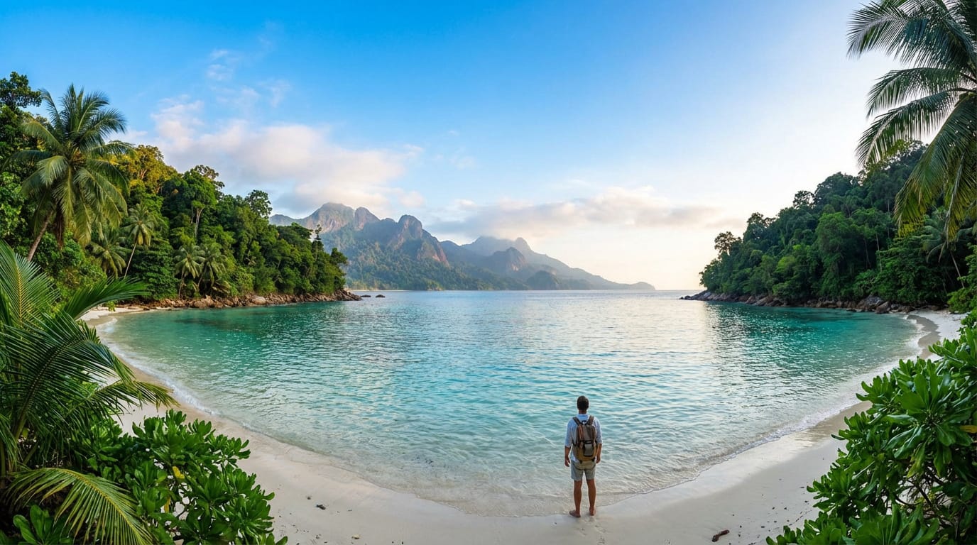 Voyageur admirant une plage de sable blanc et une baie turquoise bordée de palmiers et jungle luxuriante avec montagnes en fond.