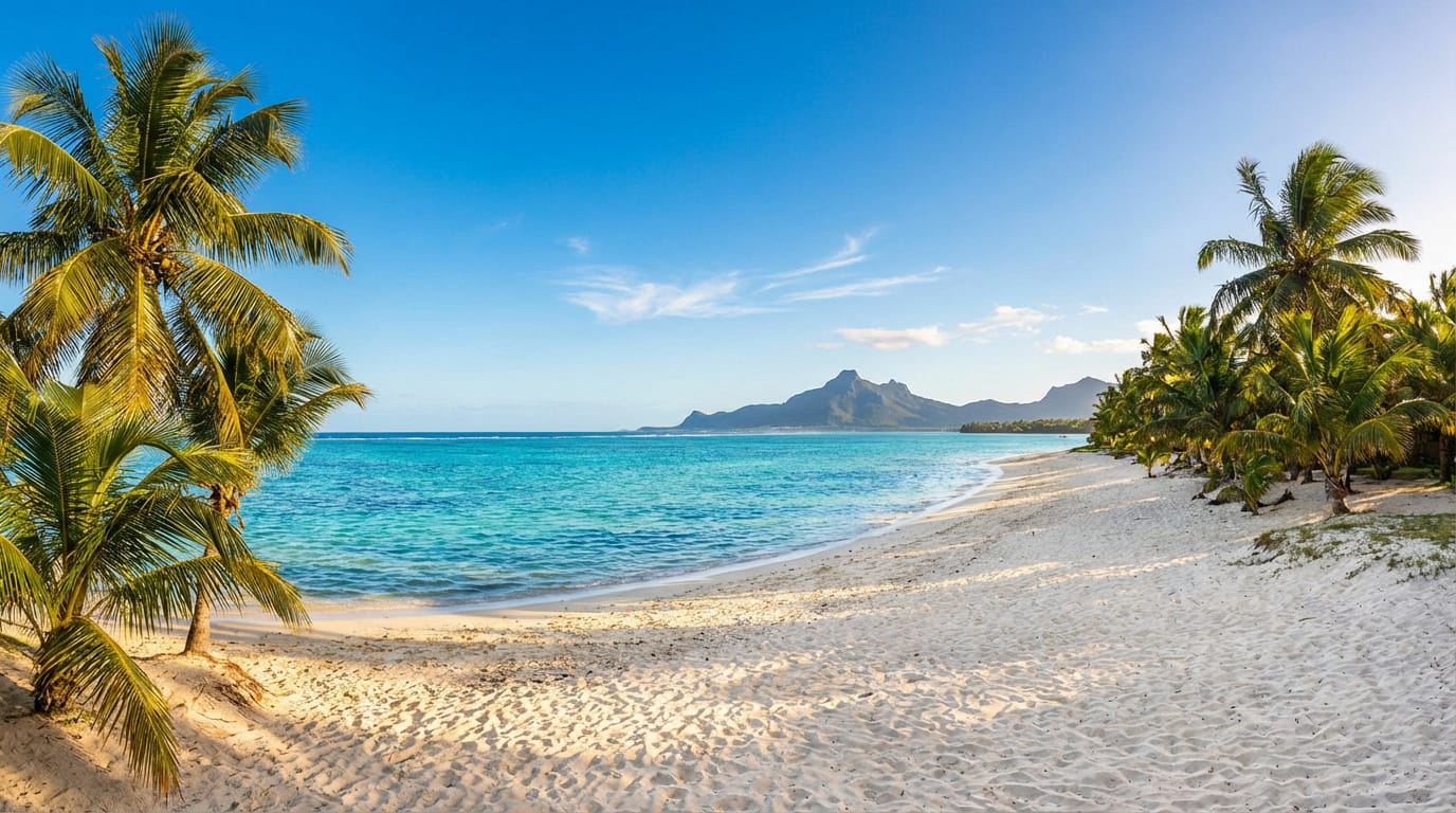 Vue panoramique d'une plage de sable blanc à l'île Maurice, avec des cocotiers, une mer turquoise et le Morne Brabant en fond.