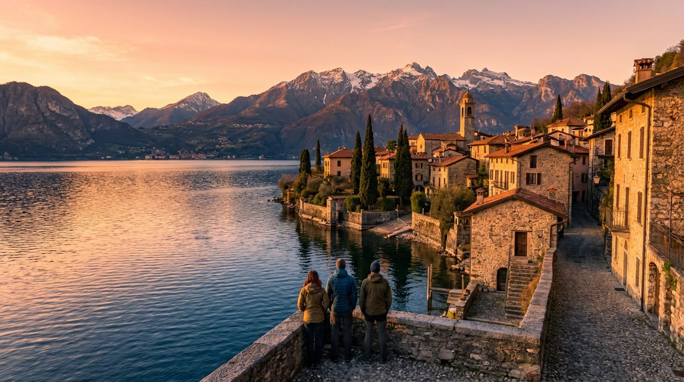 Trois personnes contemplent un village italien sur un lac aux eaux calmes, entouré de montagnes enneigées baignées d'une lumière douce.