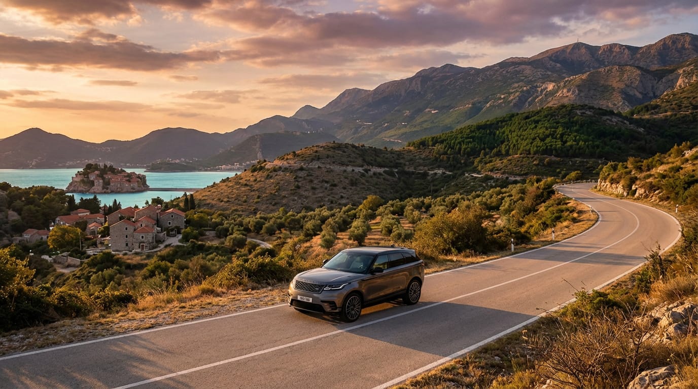 SUV gris sur une route côtière sinueuse. Au loin, l'île de Sveti Stefan et ses toits rouges. Coucher de soleil sur les montagnes.