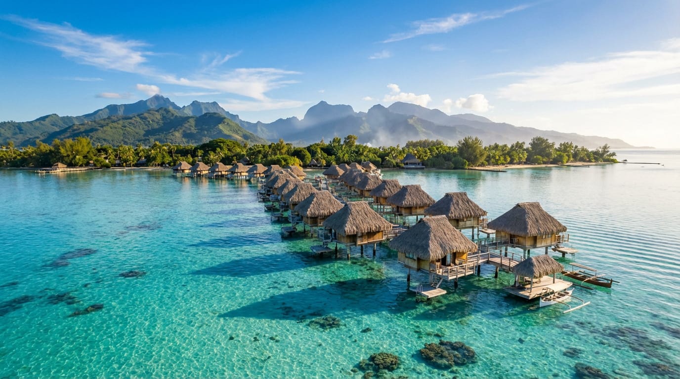 Vue aérienne de bungalows sur pilotis aux toits de chaume dans un lagon turquoise, avec une île montagneuse en arrière-plan.