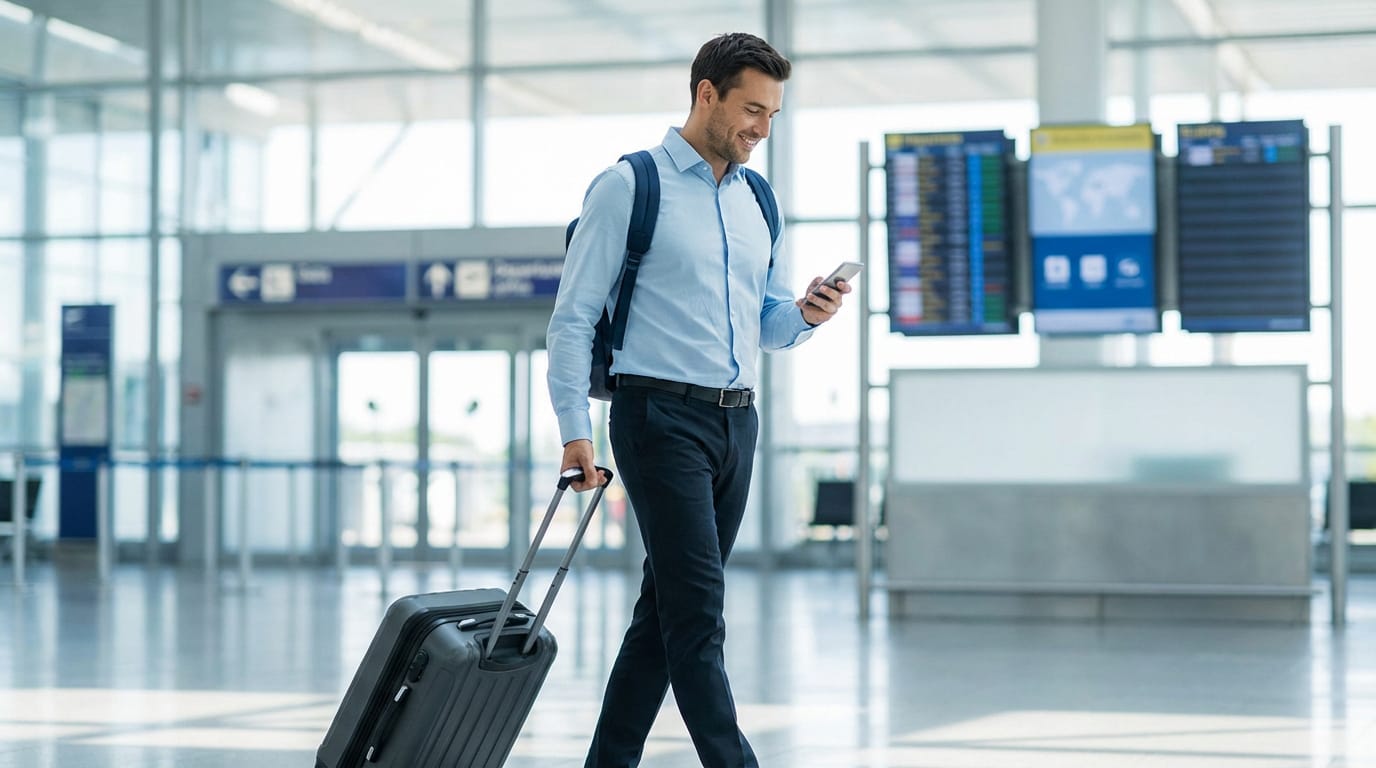 Homme souriant avec valise et sac à dos, utilisant son téléphone dans un aéroport moderne et lumineux.