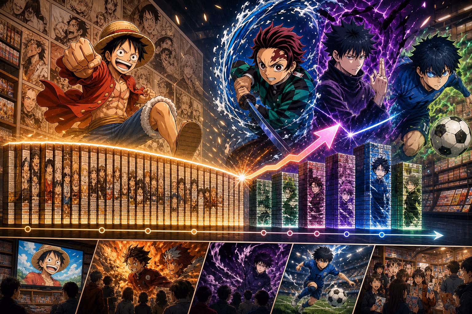Illustration de plusieurs héros d’anime en action, avec des graphiques de progression et des piles de mangas en arrière-plan