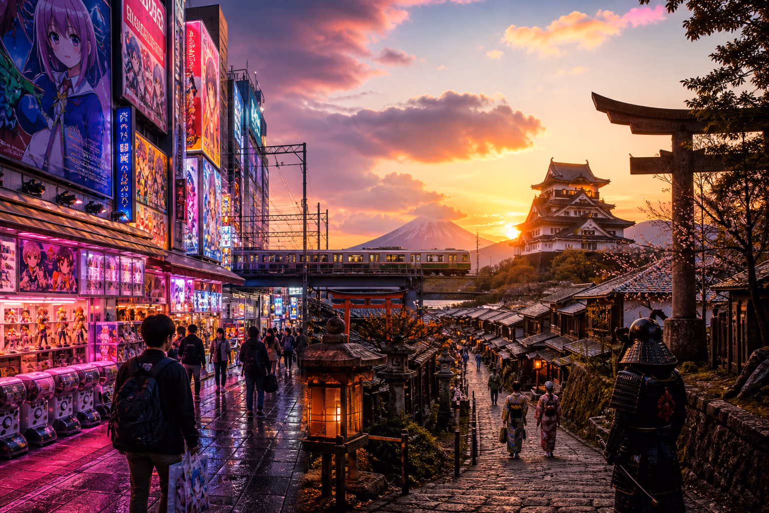 Rue japonaise au coucher du soleil, avec château, mont Fuji, train et enseignes lumineuses d’anime. Style parfait d'un jeux vidéo manga samouraï