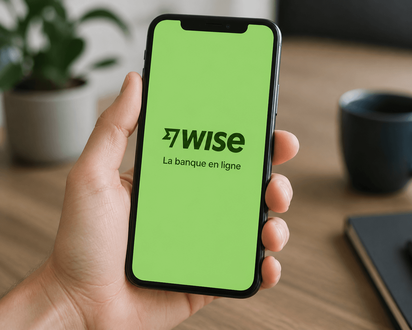 Téléphone affichant le logo Wise et le slogan « La banque en ligne »