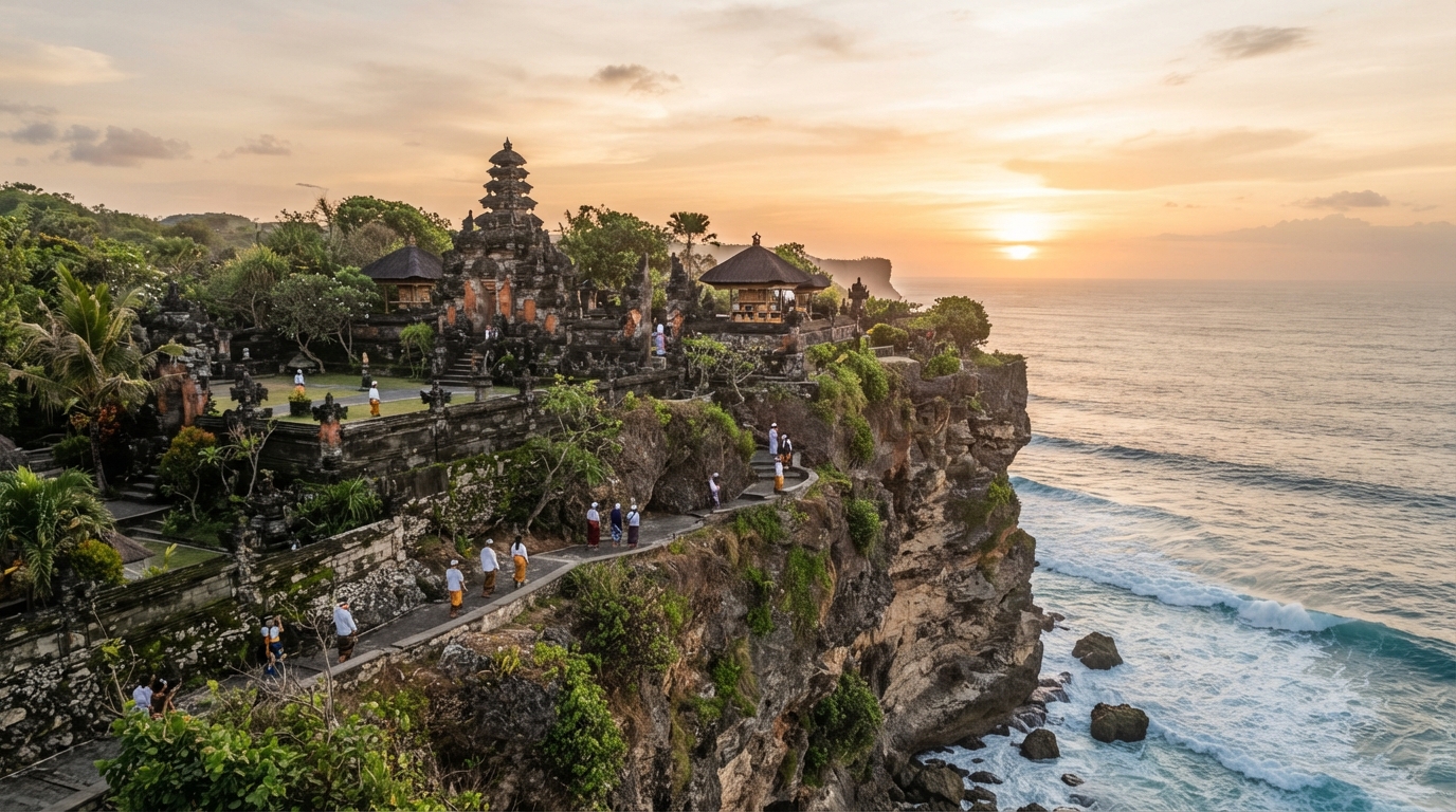 explorez pura luhur uluwatu, temple sacré perché sur les falaises de bali : histoire, conseils de visite, coucher de soleil et spectacle de kecak.